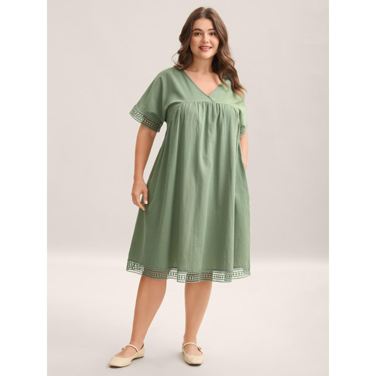 Plus Size Pure Cotton Lace Trim Sleeve Midi Dress Sage Women V-neck Short sleeve Curvy BloomChic 14-16/1X Product Image