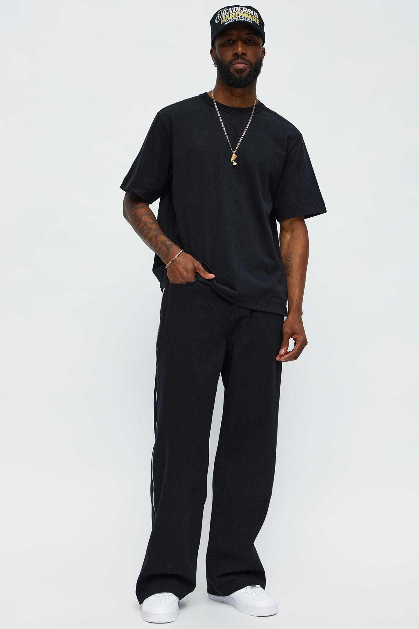 Baggy Side Stripe Zip Hit Jeans - Black Male Product Image