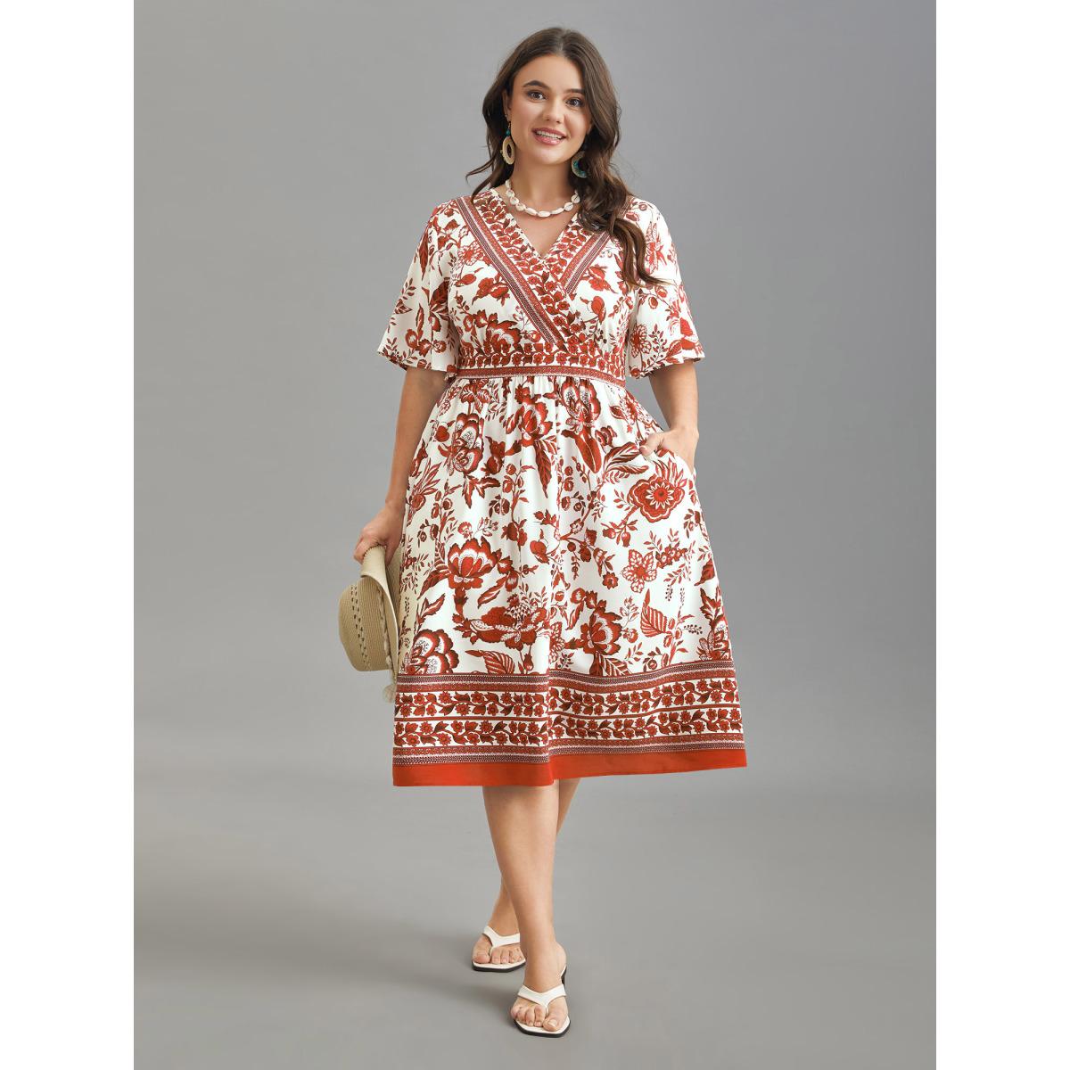 Plus Size Floral Print Wrap-Neck Pocket Midi Dress Rust Women Resort Non Overlap Collar Short sleeve Curvy BloomChic 30/6X Product Image