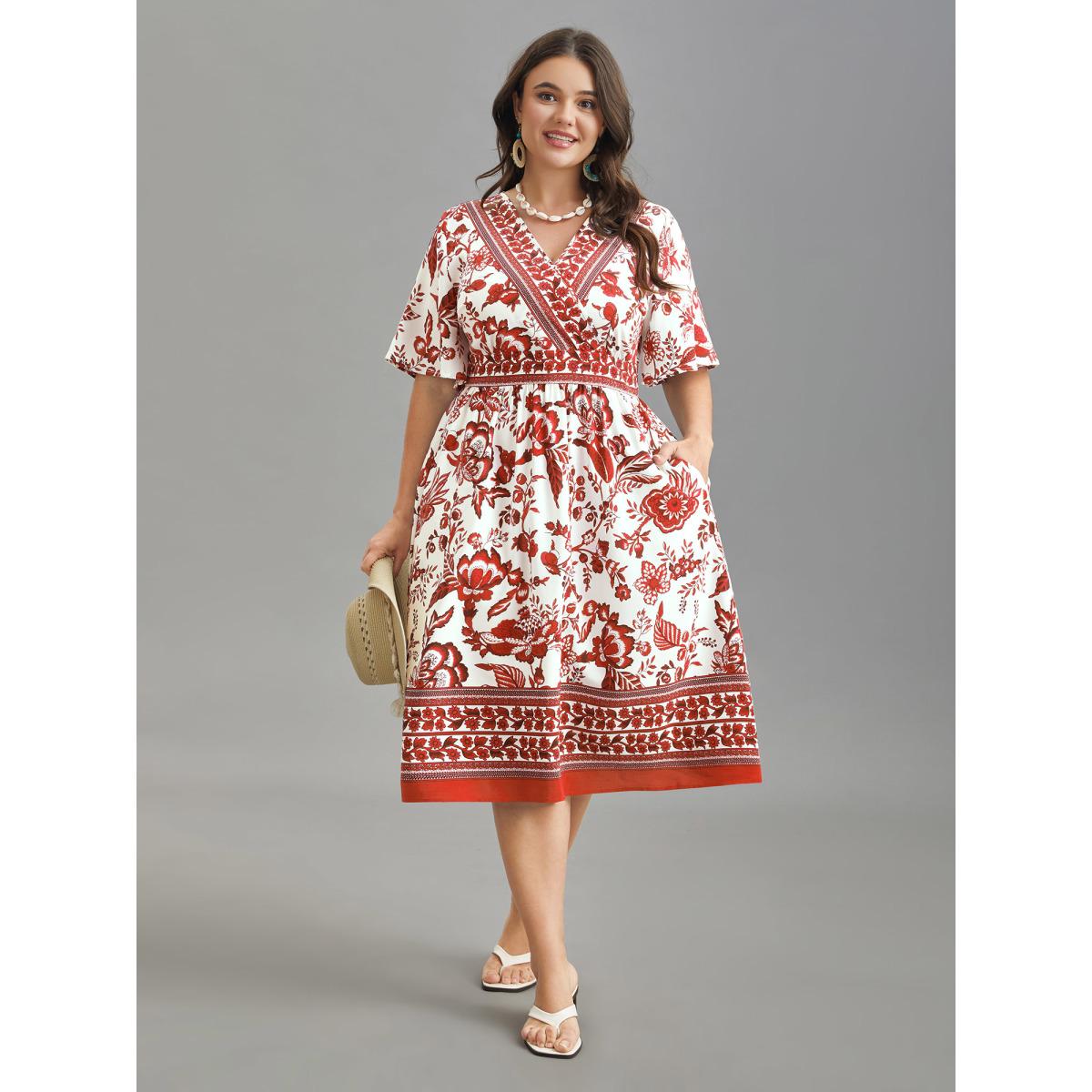 Plus Size Floral Print Wrap-Neck Pocket Midi Dress Rust Women Resort Non Overlap Collar Short sleeve Curvy BloomChic 30/6X Product Image