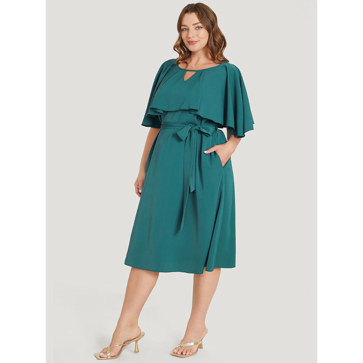 Plus Size Plain Keyhole Pocket Belted Ruffles Dress Emerald Women Elegant Belted Keyhole Cut-Out Short sleeve Curvy Midi Dress BloomChic 12/L Product Image