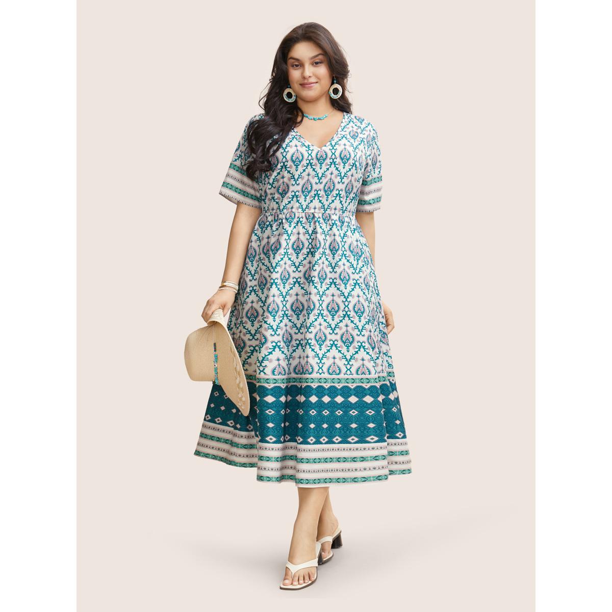 Plus Size V Neck Boho Print Ruffle Sleeve Midi Dress Turquoise Women Resort Non V-neck Short sleeve Curvy BloomChic 18-20/2X Product Image