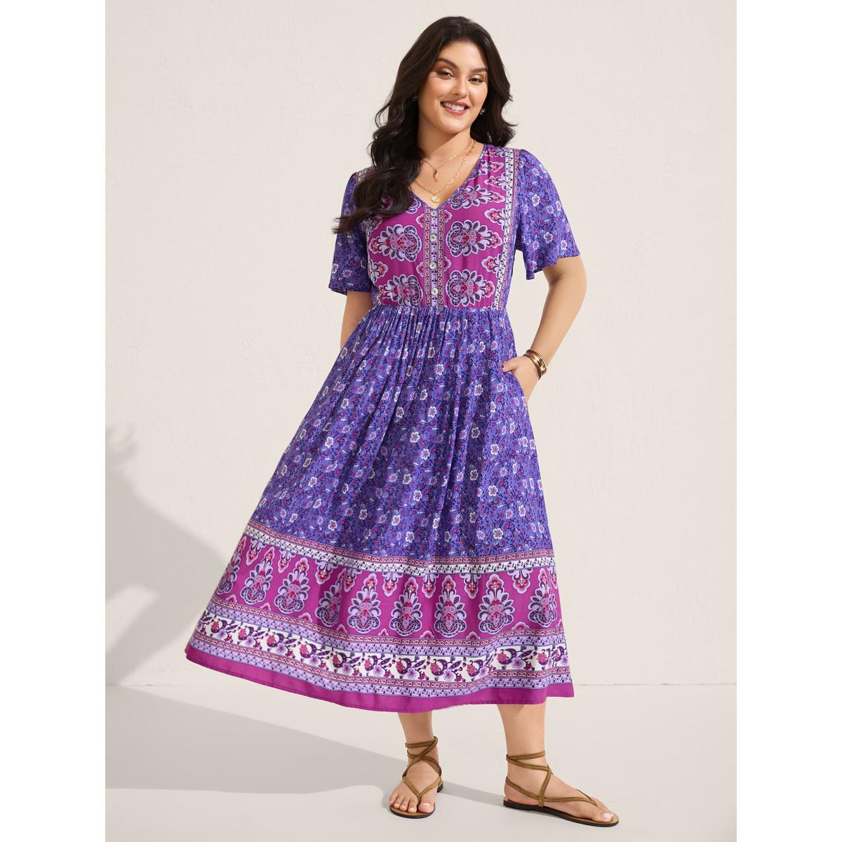 Plus Size Rayon Floral Print Color Contrast Midi Dress BlueViolet Women Boho V-neck Short sleeve Curvy BloomChic 10/M Product Image