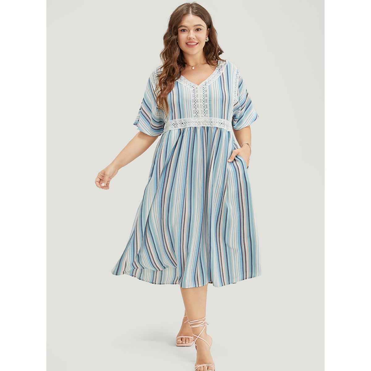 Plus Size Striped Contrast Pocket Lace Batwing Sleeve Midi Dress Blue Women Vacation Patchwork V-neck Short sleeve Curvy Midi Dress BloomChic 14-16/1X Product Image