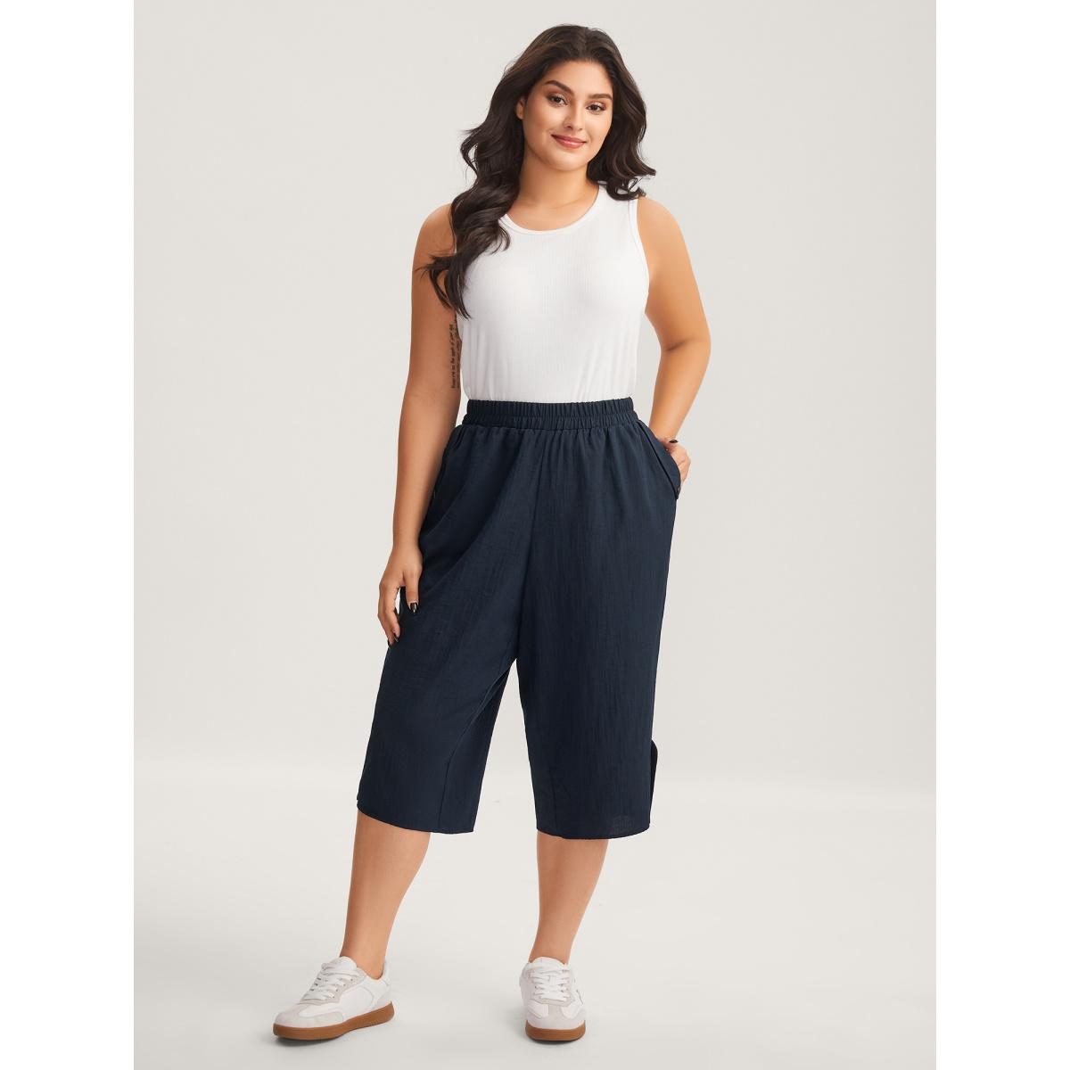Plus Size Button Hem Straight-Leg Crop Pants Women Midnight Leisure Straight Leg Mid Rise Casual Pants BloomChic 22-24/3X Product Image