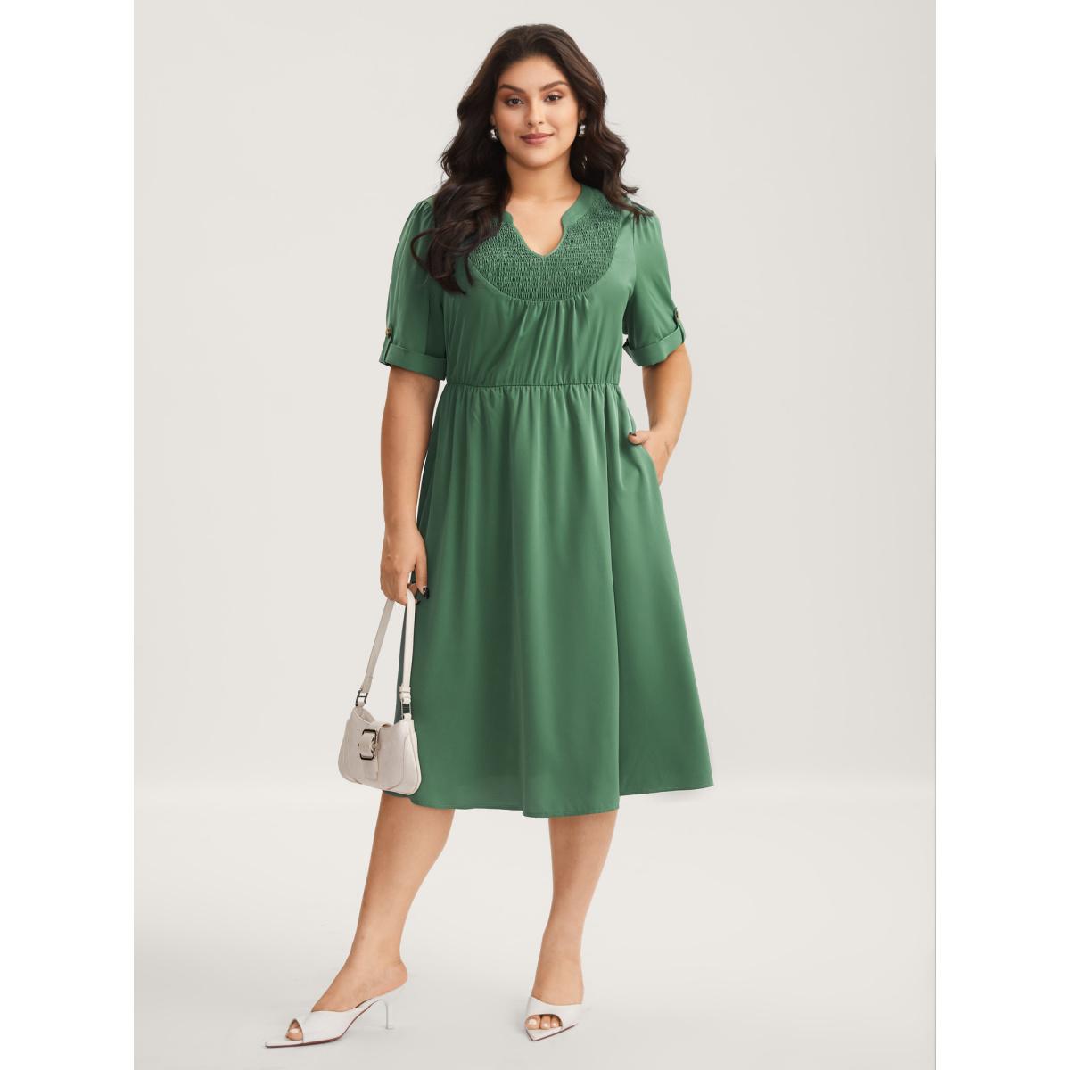 Plus Size Shirred Neck Stretchy Waist Pockets Midi Dress DarkGreen Women Flat collar with V-notch Short sleeve Curvy BloomChic 12/L Product Image