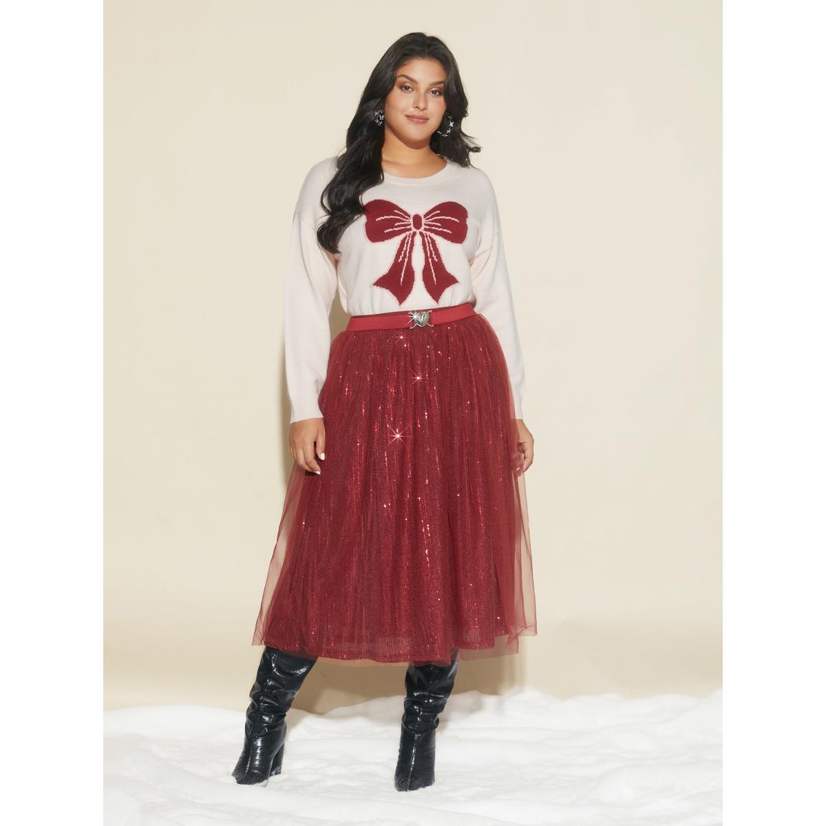 Plus Size Sequin Mesh Elastic Waist Midi Skirt Women Scarlet Formal Tiered Loose No stretch Party Skirts BloomChic 10/M Product Image
