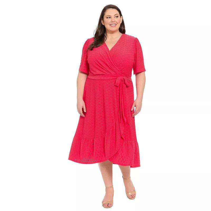 Plus Size London Times Eyelet Ruffle Faux Wrap Dress, Women's, Size: 16 W, Pink Red Product Image