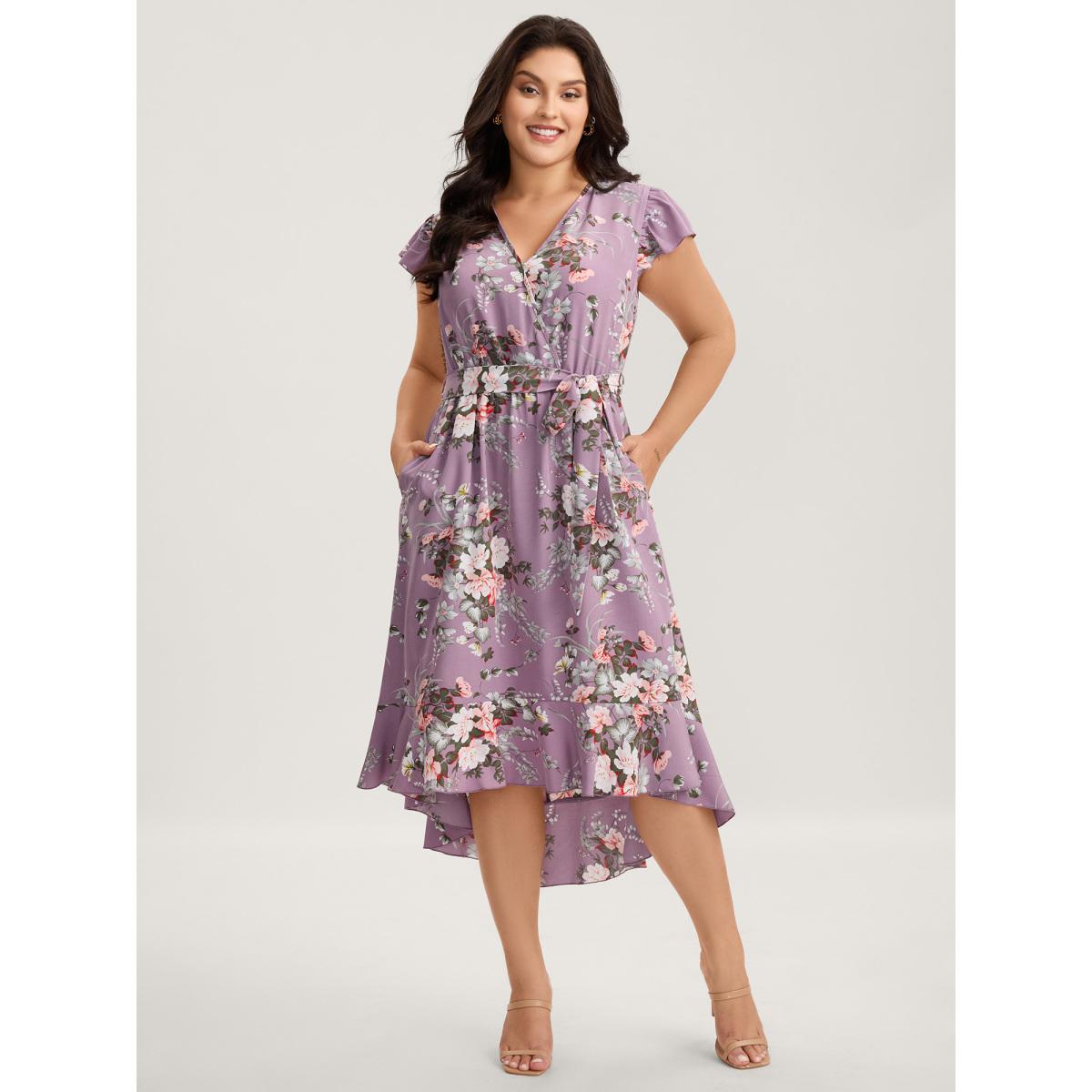 Plus Size Midnight Blooms Wrap A-Line Midi Dress Mauve Women Romantic Overlap Collar Cap Sleeve Curvy BloomChic 22-24/3X Product Image