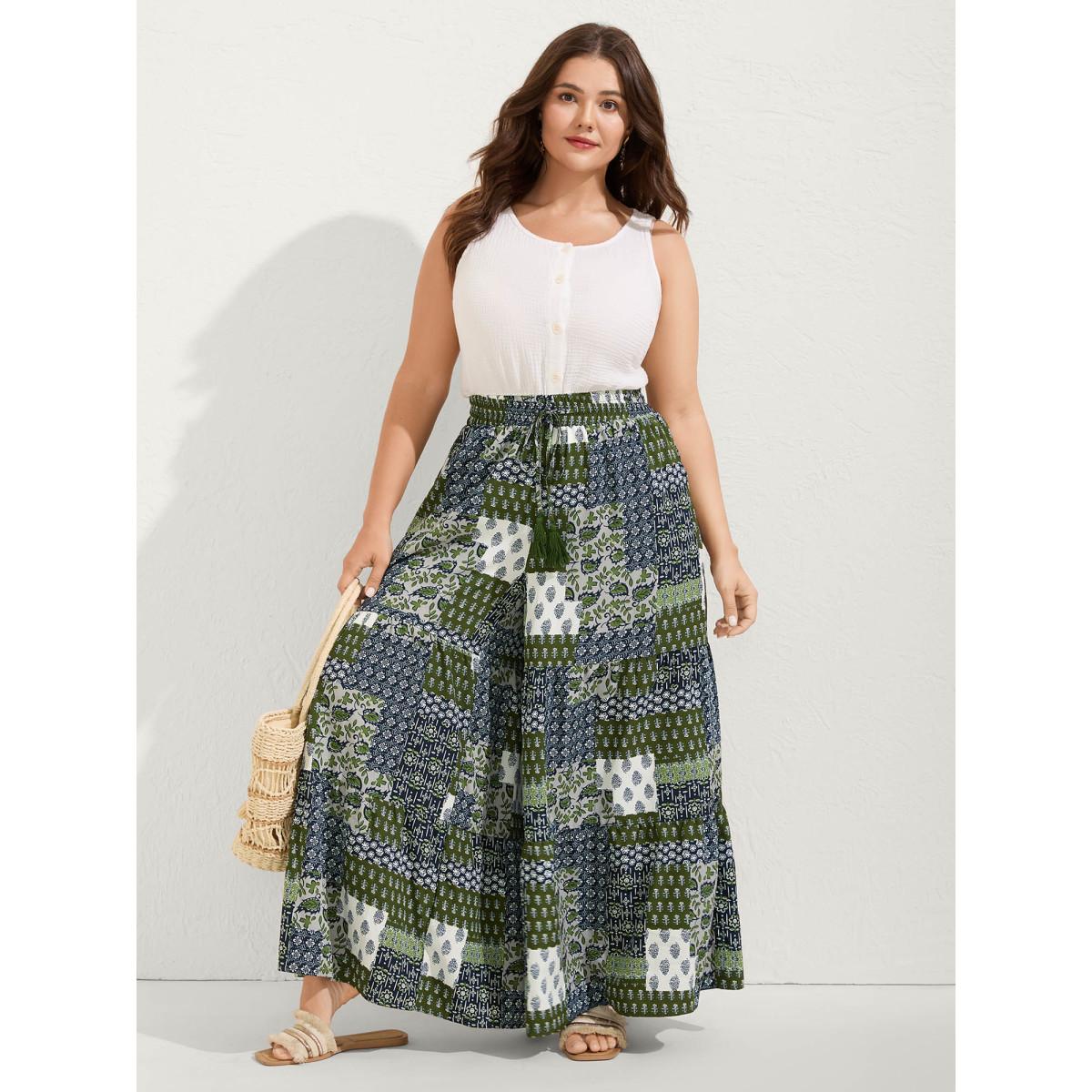 Plus Size Floral Collage Drawstring Wide-Leg Pants Women Moss Boho Loose Mid Rise Vacation Pants BloomChic 22-24/3X Product Image