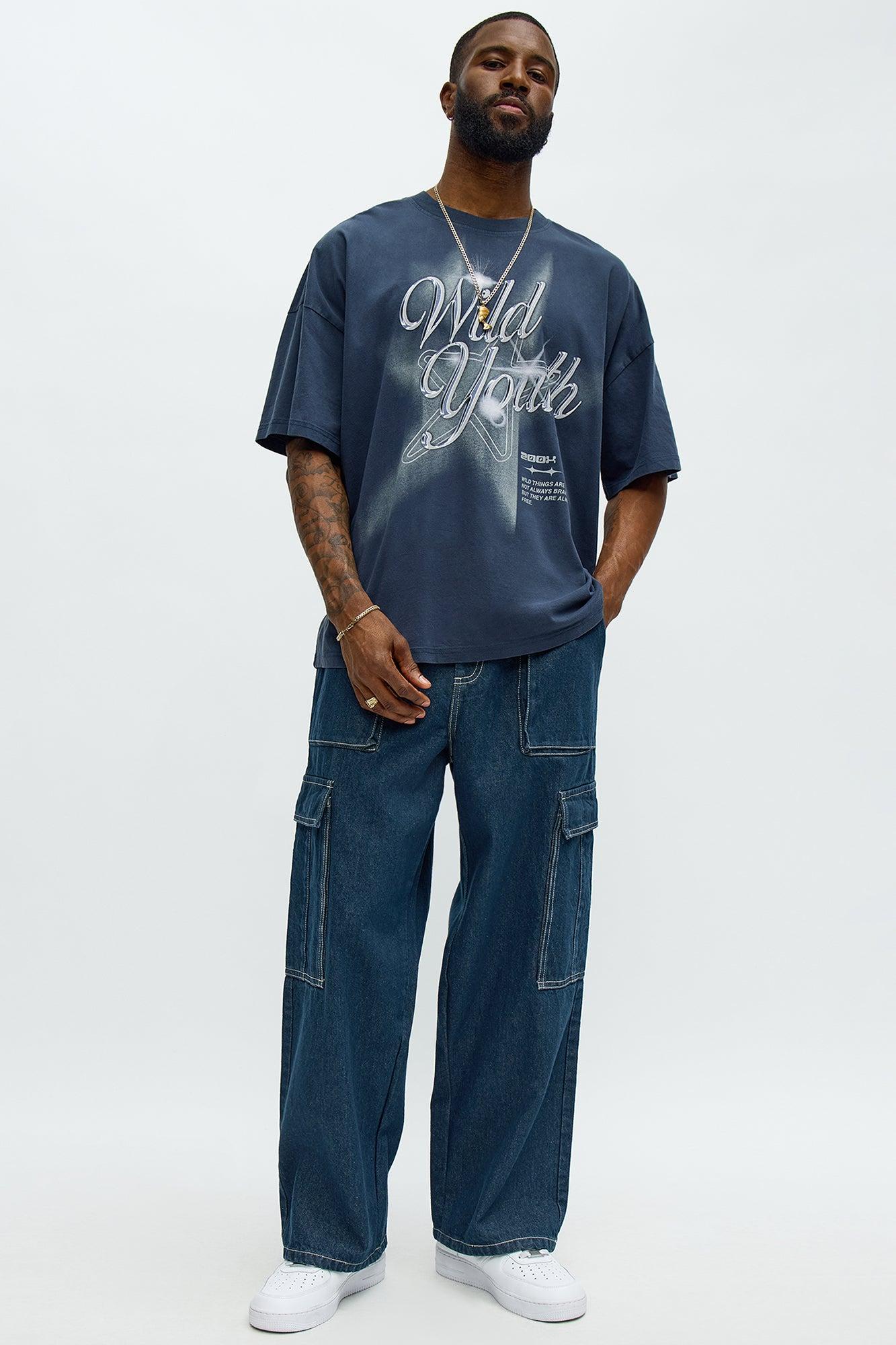 Deep End Contrast Stitch Baggy Jeans - Dark Wash Male Product Image