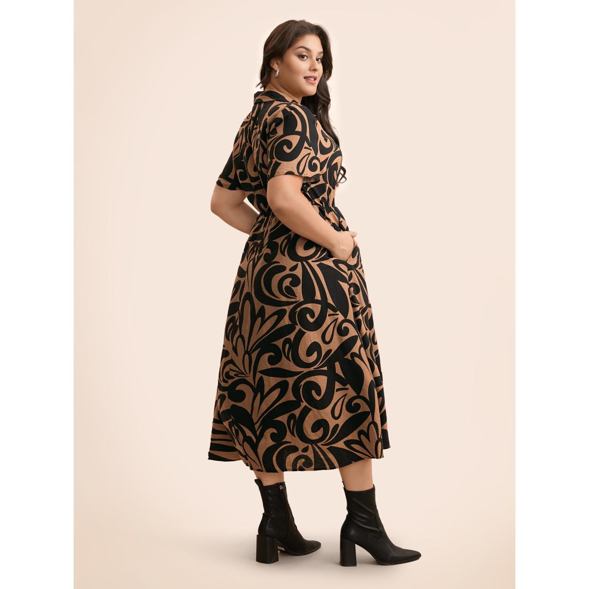 Plus Size Boho Print Shirt Collar Midi Dress Yellowishbrown Women At the Office Button Shirt collar Short sleeve Curvy BloomChic 26/4X Product Image