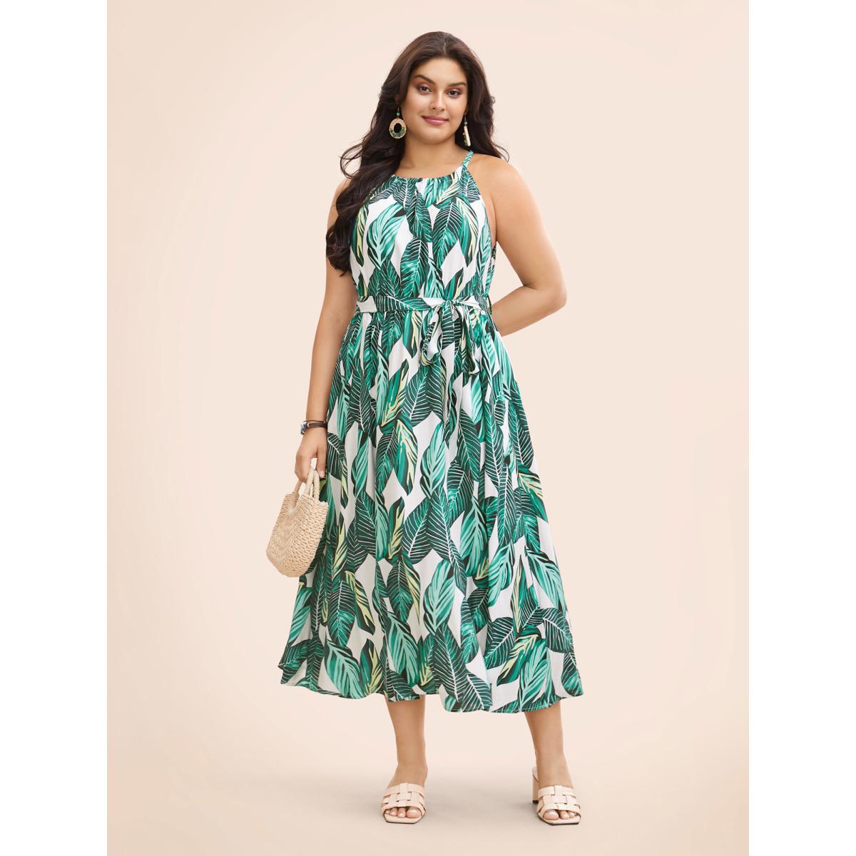 Plus Size Tropical Print Knotted Pocket Ruffles Belted Halter Dress Emerald Women Resort Non Halter neck Sleeveless Curvy Midi Dress BloomChic 18-20/2X Product Image