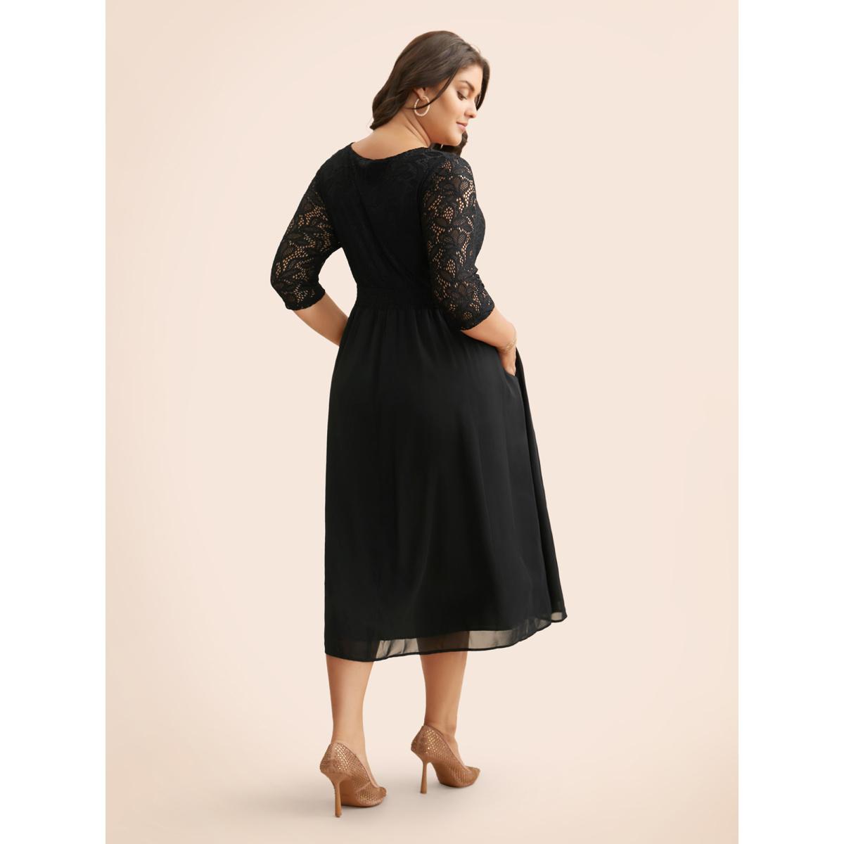 Plus Size Crochet Lace Mesh Ruffle Sleeve Dress Black Women Cocktail Woven ribbon&lace trim Round Neck Elbow-length sleeve Curvy BloomChic 22-24/3X Product Image