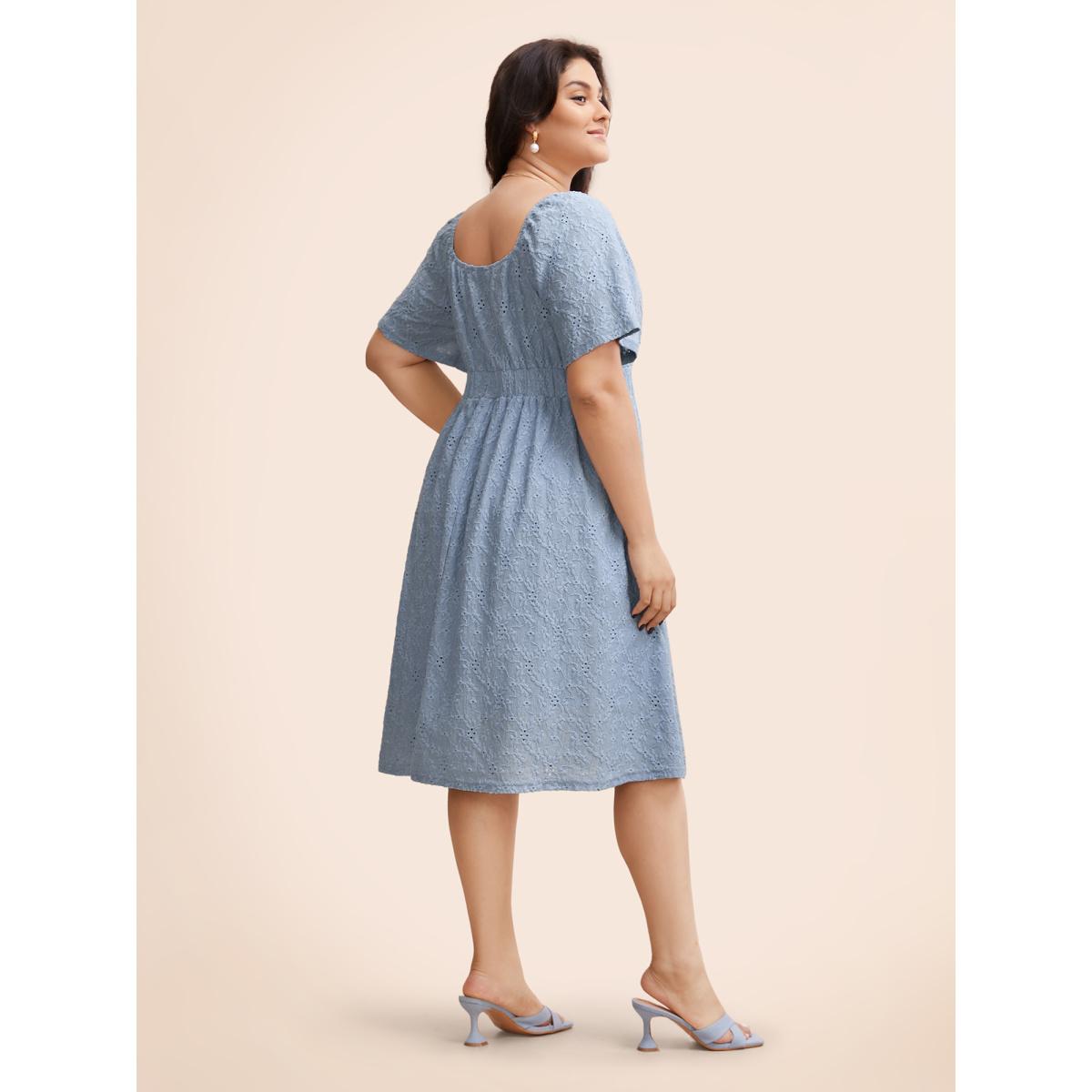 Plus Size Textured Bowknot Ruffle Sleeve Dress Stone Women Elegant Tie knot Square Neck Short sleeve Curvy BloomChic 26/4X Product Image