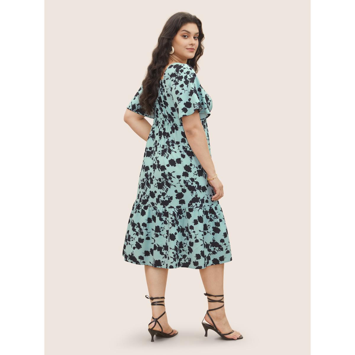 Plus Size Silhouette Floral Print Knot Neck Flutter Hem Dress LightBlue Women Elegant Non Square Neck Short sleeve Curvy Midi Dress BloomChic 14-16/1X Product Image