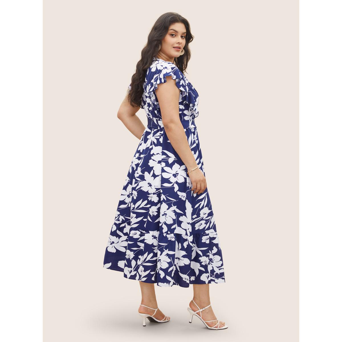 Plus Size Silhouette Floral Print Ruffle Cap Sleeve Dress Navy Women Elegant Belted V-neck Sleeveless Curvy Midi Dress BloomChic 22-24/3X Product Image