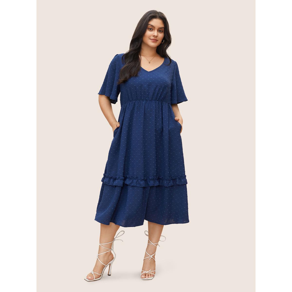 Polka Dot Shirred Plus Size Women Elegance Dress Plain Pocket Ruffle Sleeve Short Sleeve V Neck Pocket Dailywear Midi Dress BloomChic Product Image