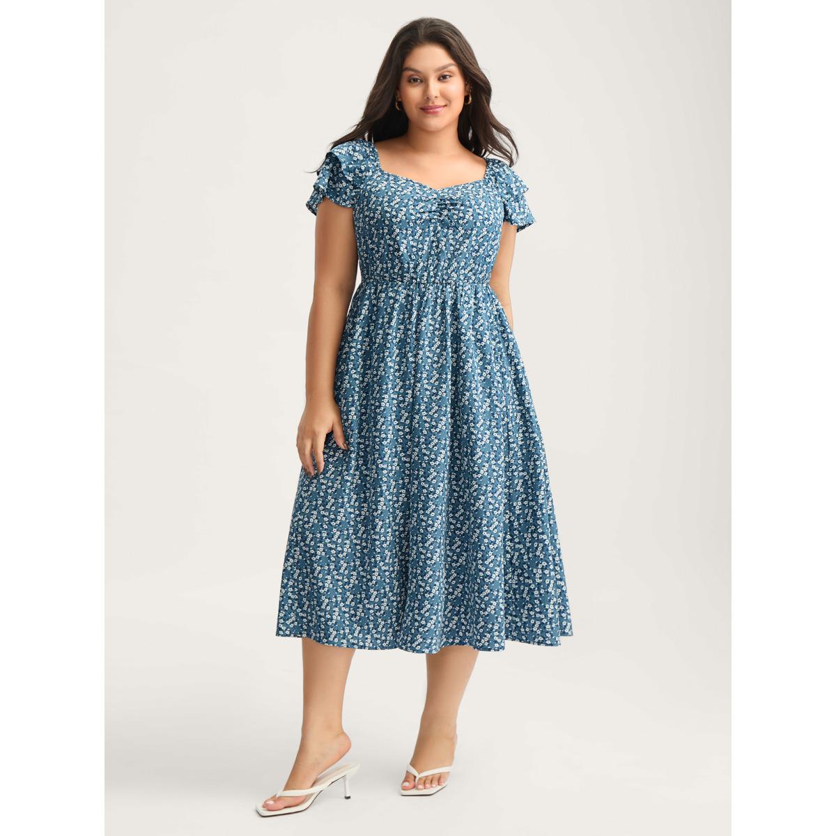 Plus Size Ditsy Floral Print Layered Ruffled Sleeve Dress Aegean Women Heart neckline Cap Sleeve Curvy BloomChic 12/L Product Image