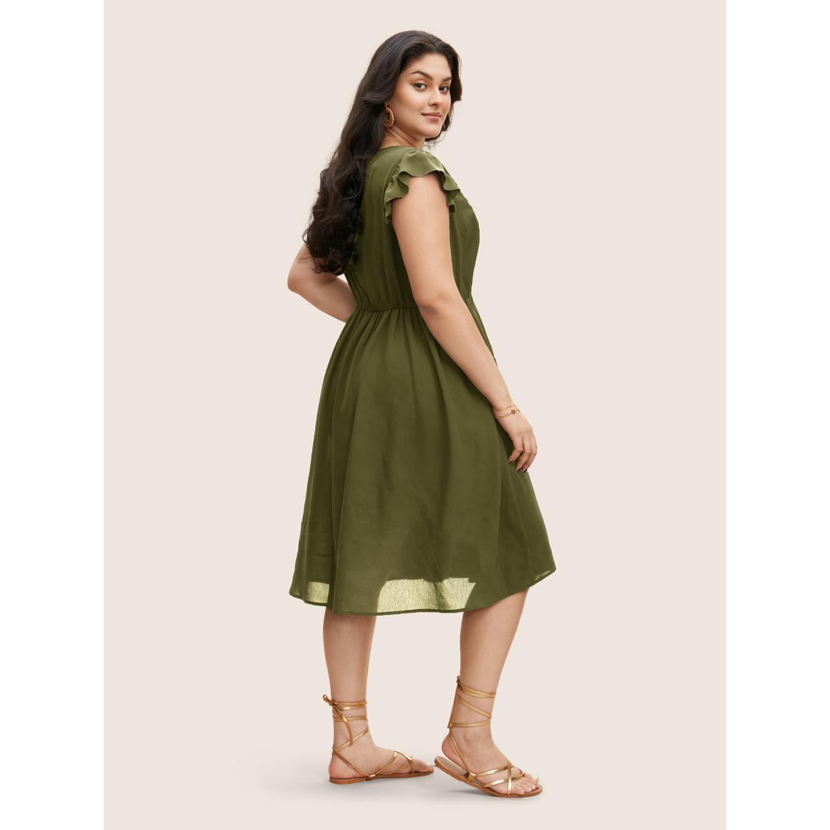 Plus Size Floral Embroidered V Neck Ruffle Cap Sleeve Dress ArmyGreen Women Boho Embroidered V-neck Cap Sleeve Curvy BloomChic 14-16/1X Product Image