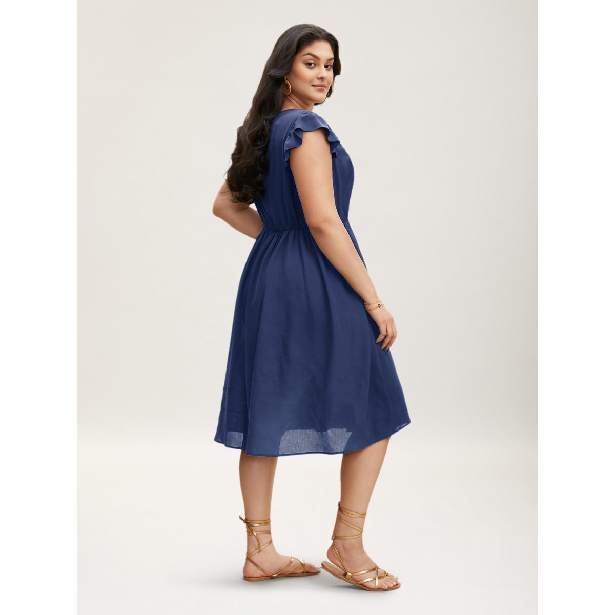 Plus Size Floral Embroidered V Neck Ruffle Cap Sleeve Dress Yellowishbrown Women Boho Embroidered V-neck Cap Sleeve Curvy BloomChic 10/M Product Image