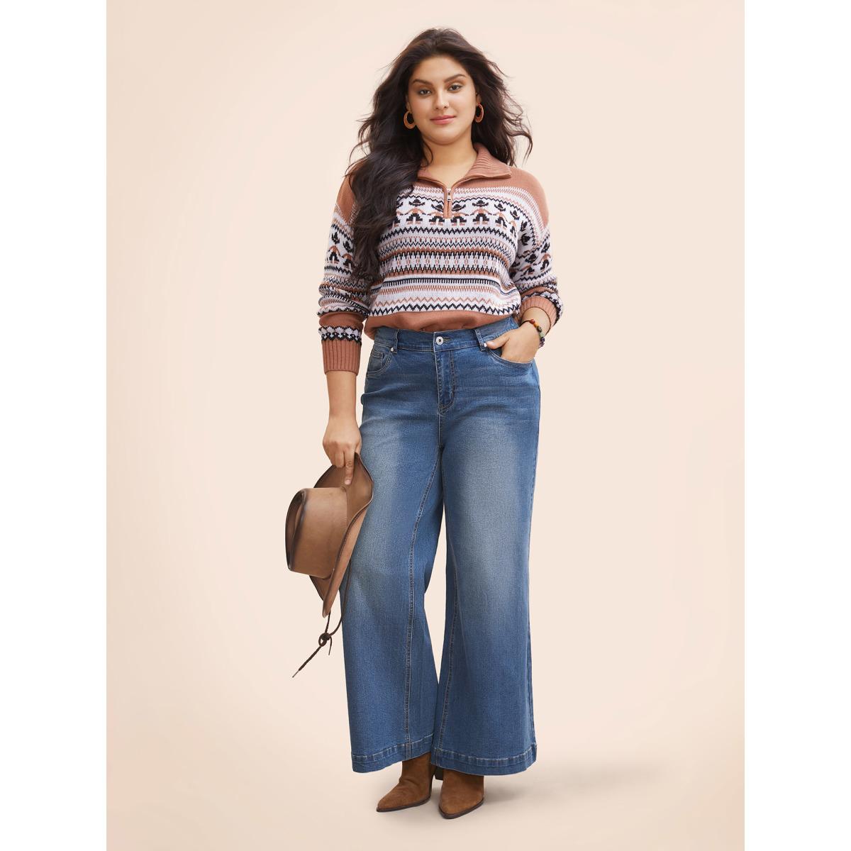 Plus Size Stretch Denim Wide Leg Cut Jeans Women Denimblue Leisure Button Medium stretch Slanted pocket Jeans BloomChic 26/4X Product Image