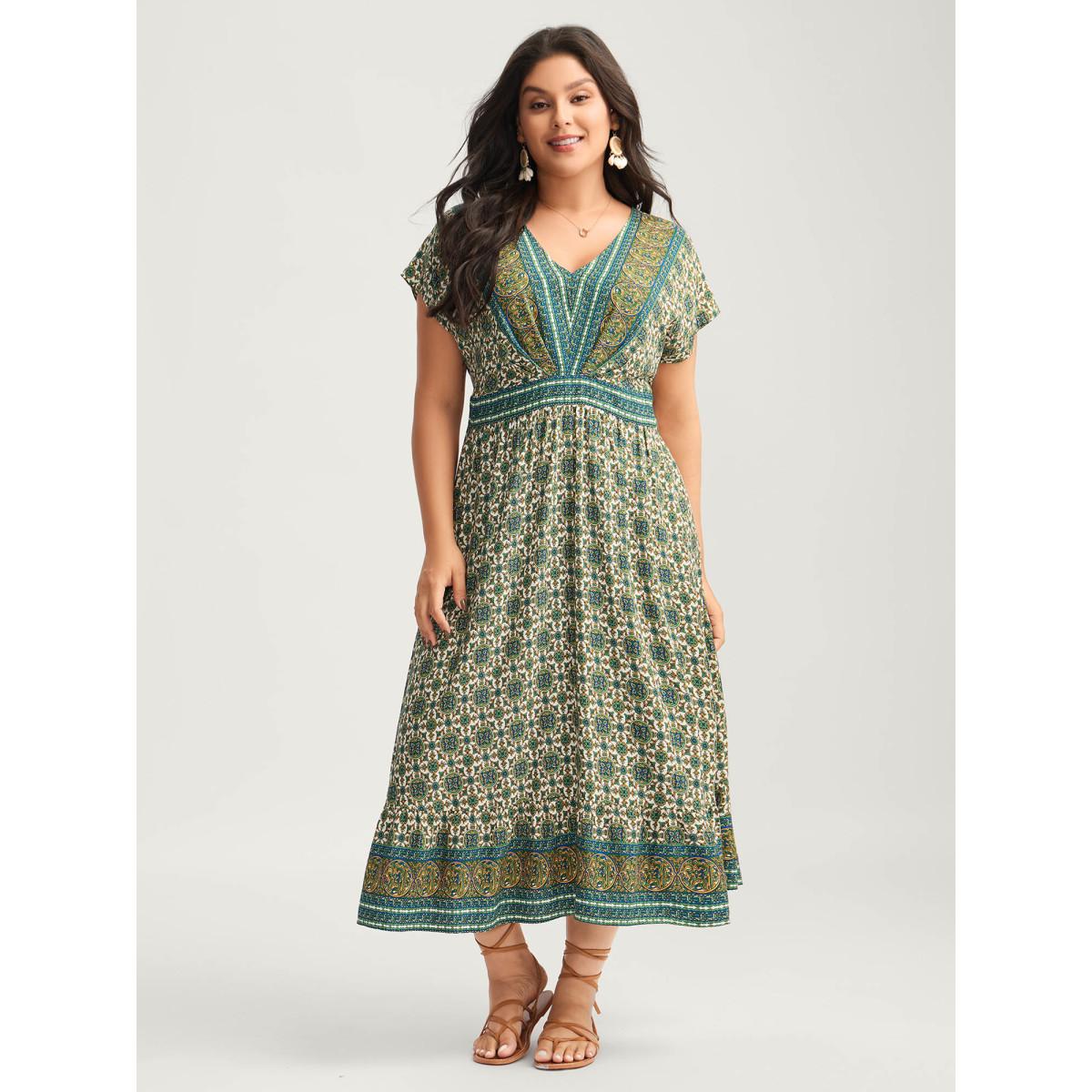 Plus Size Rayon Floral Boho Print Pockets Midi Dress Multicolor Women Boho Shirred V-neck Short sleeve Curvy BloomChic 10/M Product Image