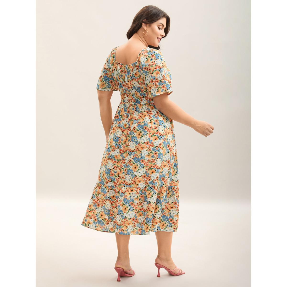 Plus Size Smocked Waist Floral Ties Tiered Maxi Dress Lightyellow Women Timeless Tie knot Square Neck Short sleeve Curvy BloomChic 10/M Product Image