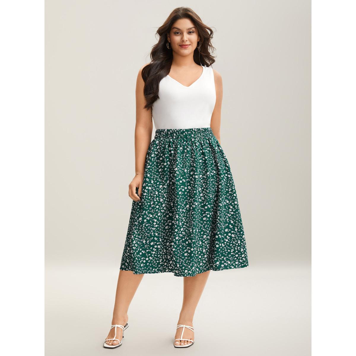 Plus Size Ditsy Floral Print Stretchy Flared Midi Skirt Women DarkGreen Timeless Low stretch Slanted pocket Elegant Skirts BloomChic 14-16/1X Product Image