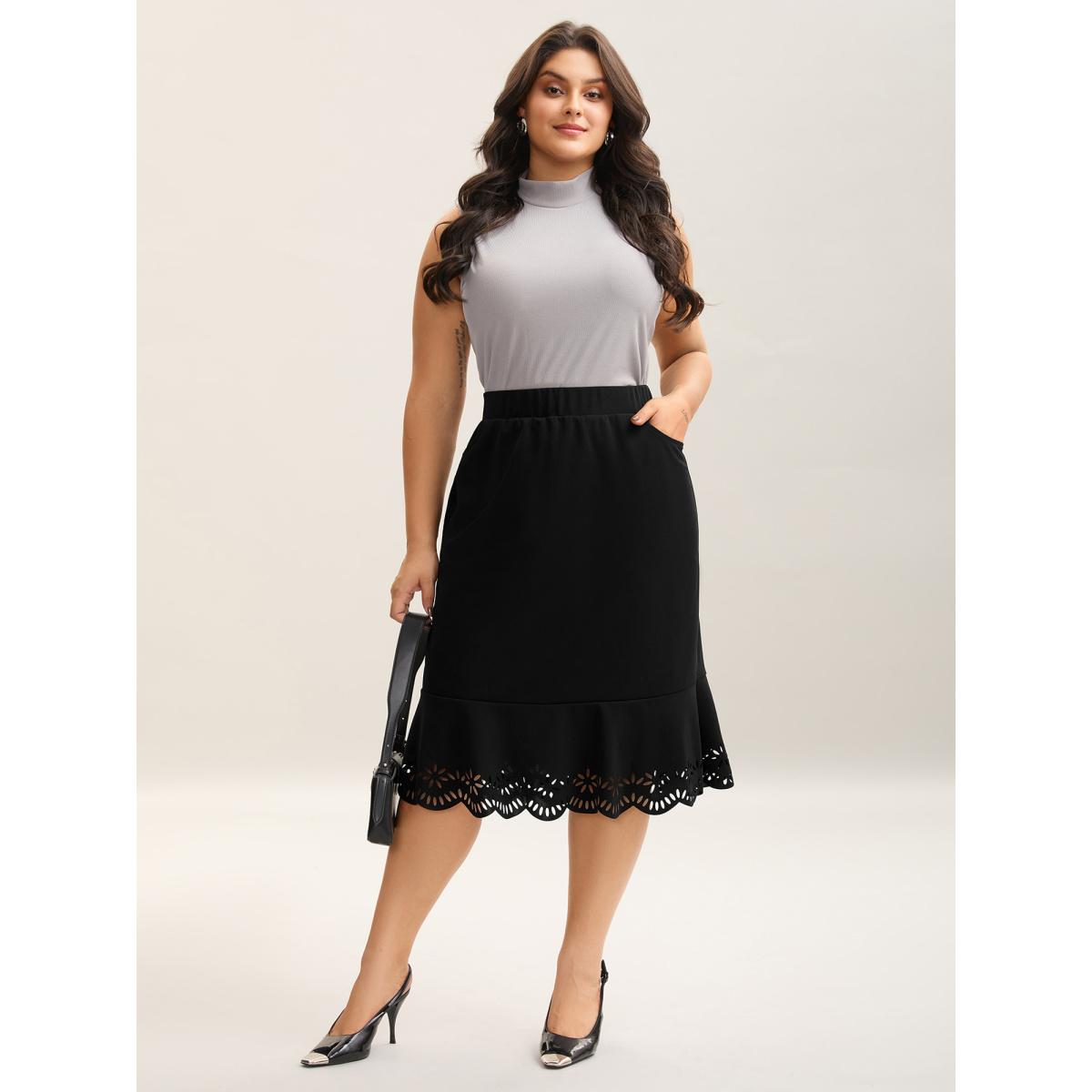 Plus Size Laser Cut Scalloped Fishtail Maxi Skirt Women Black Elegant Laser Bodycon Medium stretch Slanted pocket Everyday-Elegant Skirts BloomChic 14-16/1X Product Image