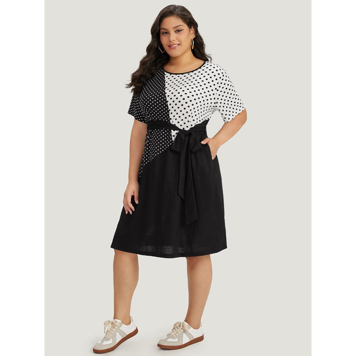 Plus Size Supersoft Essentials Polka Dot Pocket Patchwork Belted Dress Black Women Casual Belted Round Neck Short sleeve Curvy Midi Dress BloomChic 14-16/1X Product Image