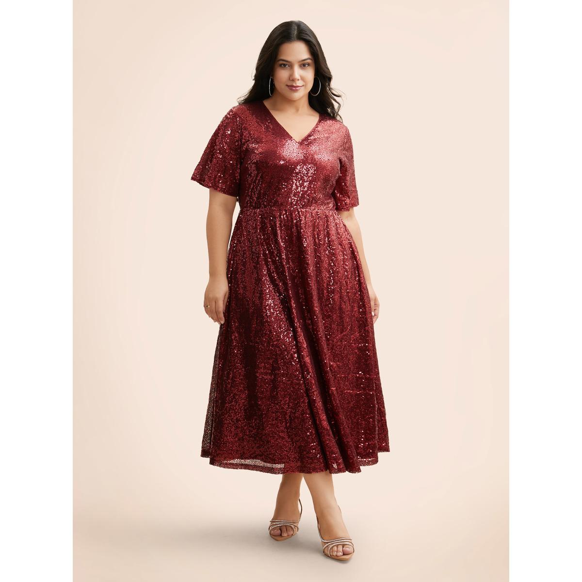 Plus Size Sequin V Neck Elastic Waist Dress Burgundy Women Cocktail Texture V-neck Short sleeve Curvy BloomChic 12/L Product Image