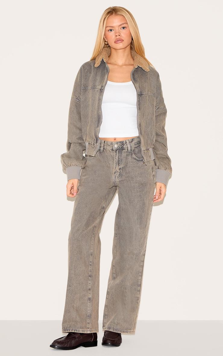 Light Grey Borg Collar Denim Bomber Jacket Product Image