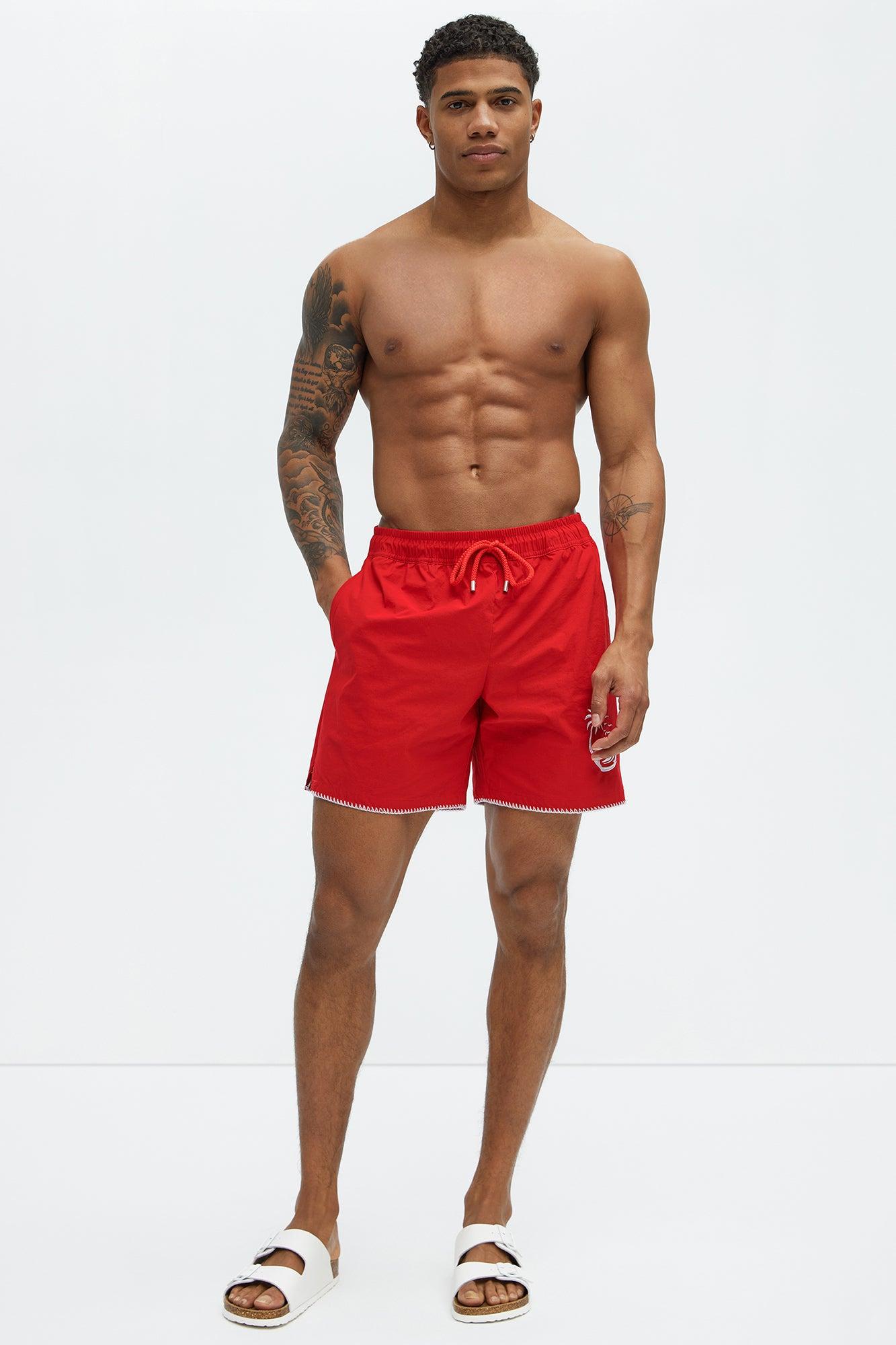 Palm Embroidered Swim Mid Trunk - Red Product Image