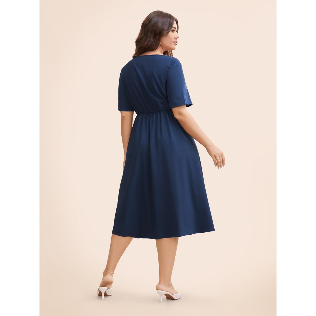 Plus Size Solid Square Neck Pleated Midi Dress Indigo Women Elegant Tucked seam Square Neck Short sleeve Curvy BloomChic 10/M Product Image