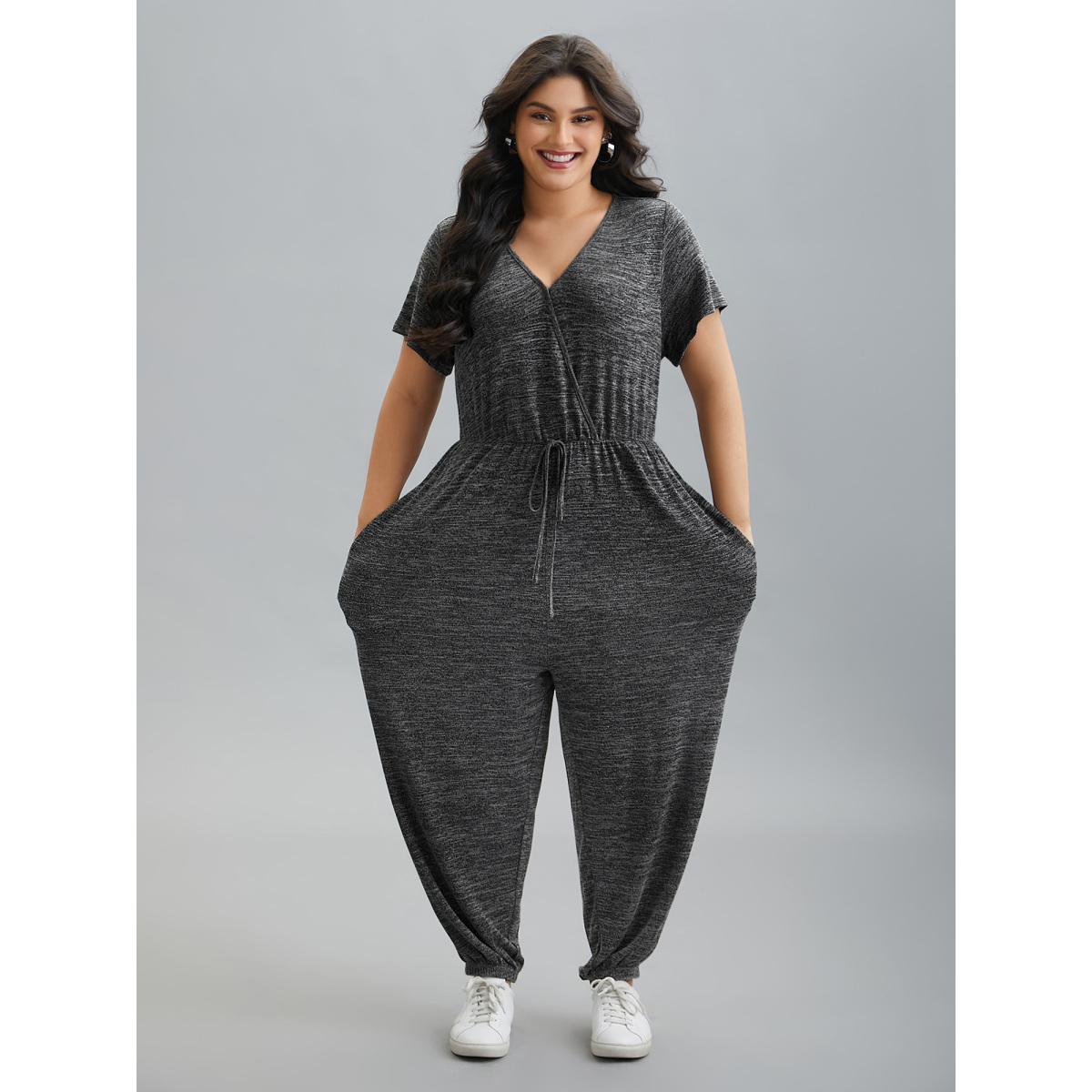 Plus Size DimGray Plain Wrap Drawstring Pocket Jumpsuit Women Leisure Short sleeve Overlap Collar Casual Loose Jumpsuits BloomChic 28/5X Product Image