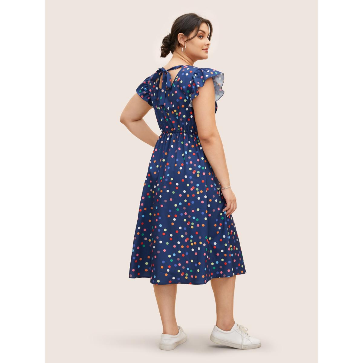 Plus Size Colored Polka Dot Tie Knot Ruffle Cap Sleeve Dress DarkBlue Women Casual Tie knot Round Neck Cap Sleeve Curvy BloomChic 12/L Product Image
