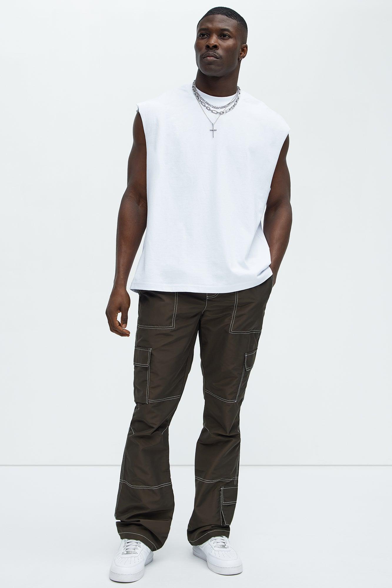 Contrast Stitch Nylon Flared Cargo Pants - Brown Product Image