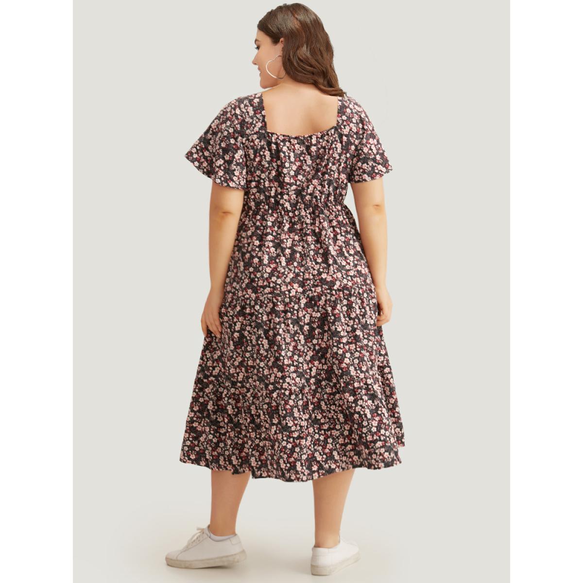 Plus Size Ditsy Floral Pocket Drawstring Ruched Flutter Sleeve Dress Black Women Elegant Printed Square Neck Short sleeve Curvy Midi Dress BloomChic 14-16/1X Product Image