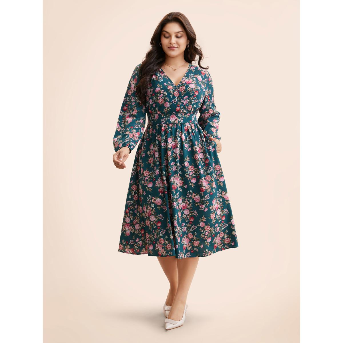 Plus Size Floral Overlap Collar Gathered Dress Aegean Women Elegant Shirred Overlap Collar Long Sleeve Curvy BloomChic 26/4X Product Image