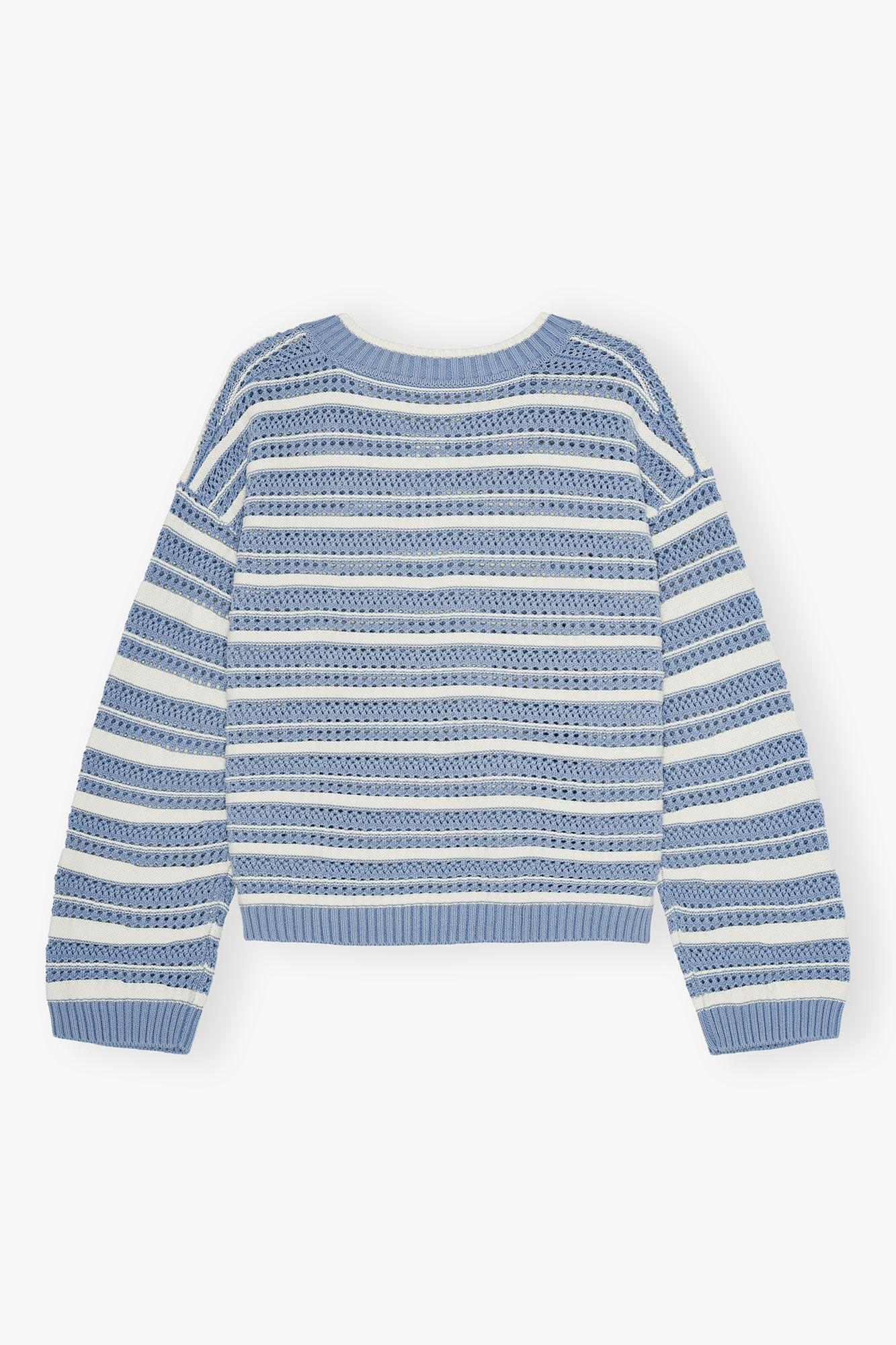 Blue Striped Cotton V-neck Sweater Product Image