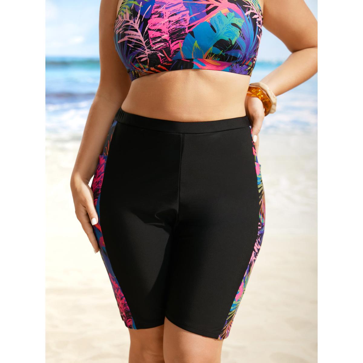 Plus Size Tropical Print Patchwork Pocket Swim Bottom Women's Swimwear Black Beach Patchwork High stretch Skinny High Rise Curve Swim Bottoms BloomChic 10/M Product Image