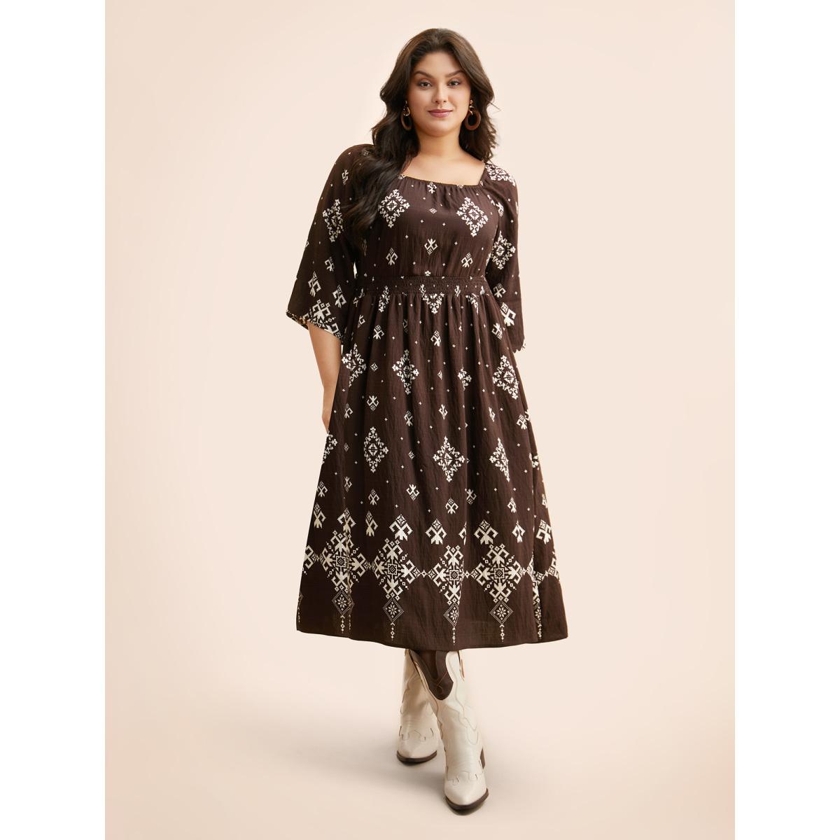 Plus Size Boho Print Square Neck Shirred Dress DarkBrown Women Resort Shirred Square Neck Elbow-length sleeve Curvy BloomChic 28/5X Product Image