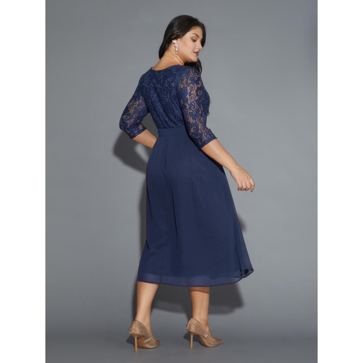 Plus Size Lace Patchwork Shirred Midi Pocket Dress DarkBlue Women Formal Woven ribbon&lace trim Round Neck Elbow-length sleeve Curvy BloomChic 10/M Product Image