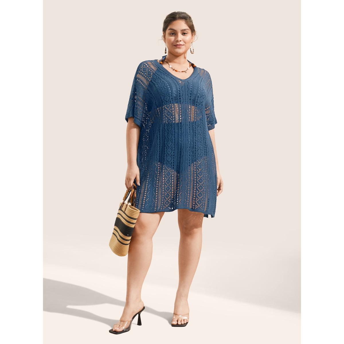 Plus Size Plain Texture Ties Hollow Out Split Hem Swim Cover Up Women's Swimwear Aegean Beach Cut-Out Curve Swim Cover Ups BloomChic 14-16/1X Product Image