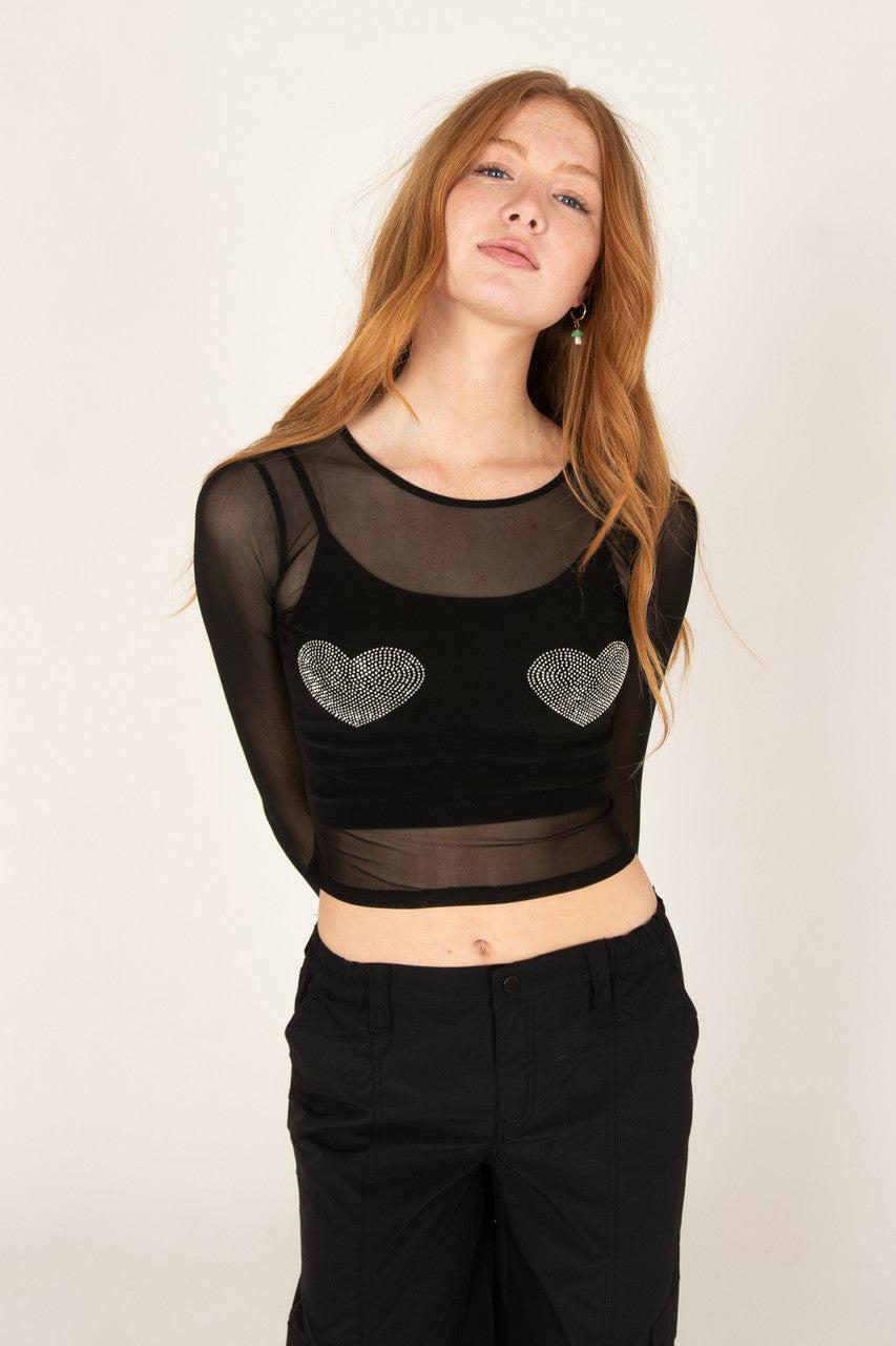 Crystal Hearts Mesh Long Sleeve Top Product Image