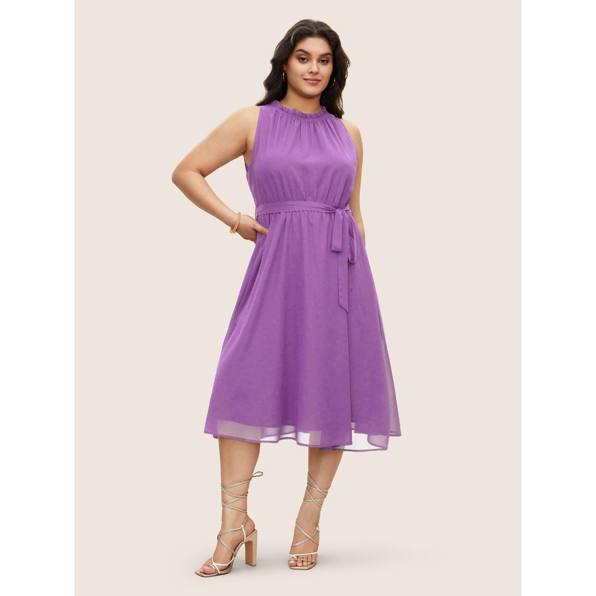 Plus Size Plain Sleeveless Frill Trim Pocket Belted Mock Neck Dress Lilac Women At the Office Pocket Mock Neck Sleeveless Curvy Midi Dress BloomChic 18-20/2X Product Image