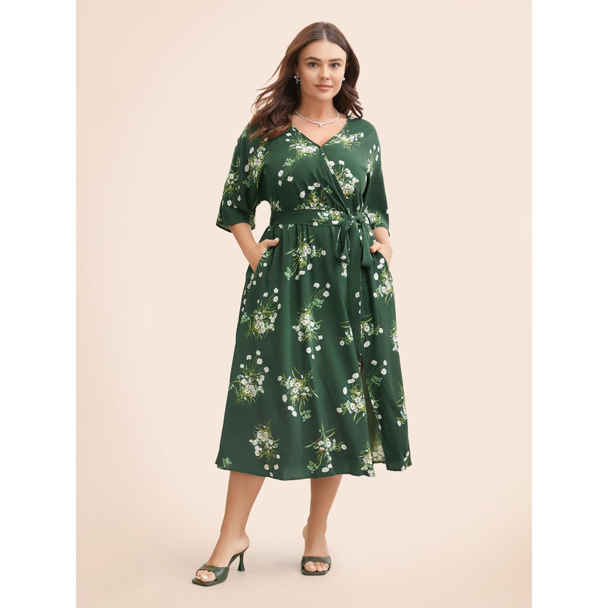 Plus Size Floral Overlap Collar Split Hem Dress Emerald Women Elegant Belted Overlap Collar Half Sleeve Curvy BloomChic 30/6X Product Image