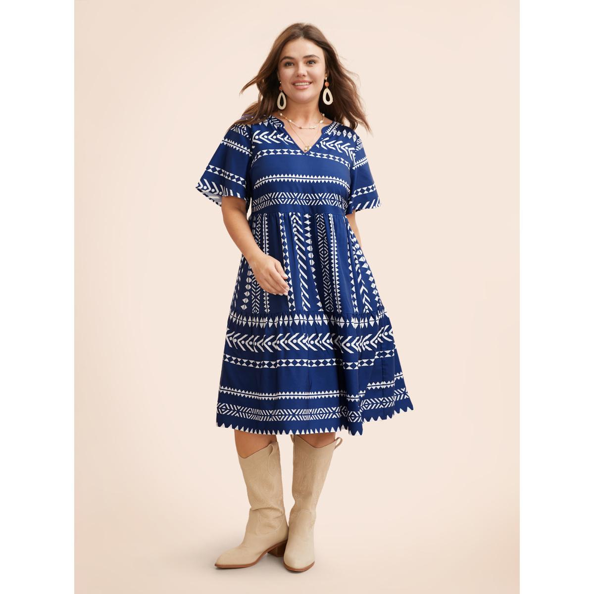 Plus Size Bandana Geometric Ruffle Sleeve Babydoll Dress DarkBlue Women Vacation Notched collar Short sleeve Curvy Knee Dress BloomChic 30/6X Product Image