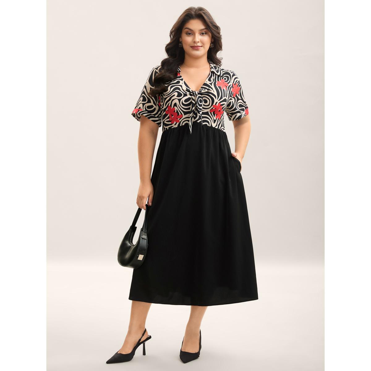 Plus Size Ribbon Collar Floral Print Contrast Midi Dress Black Women V-neck Short sleeve Curvy BloomChic 12/L Product Image